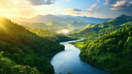 Experience serene beauty with flowing water, green hills, and lush treesa perfect escape into natures embrace.