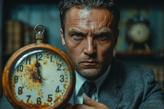 Aggressive boss in suit holds alarm clock and bat, enforcing time management and discipline