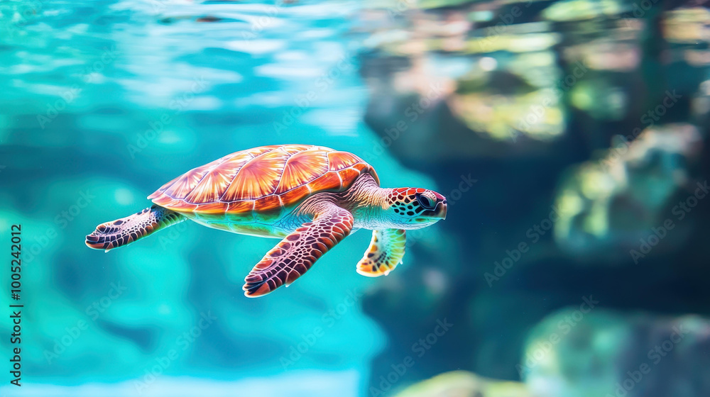 Wall mural A bright turtle glides through clear water, its colors vivid against a soft background, creating a serene aquatic scene.