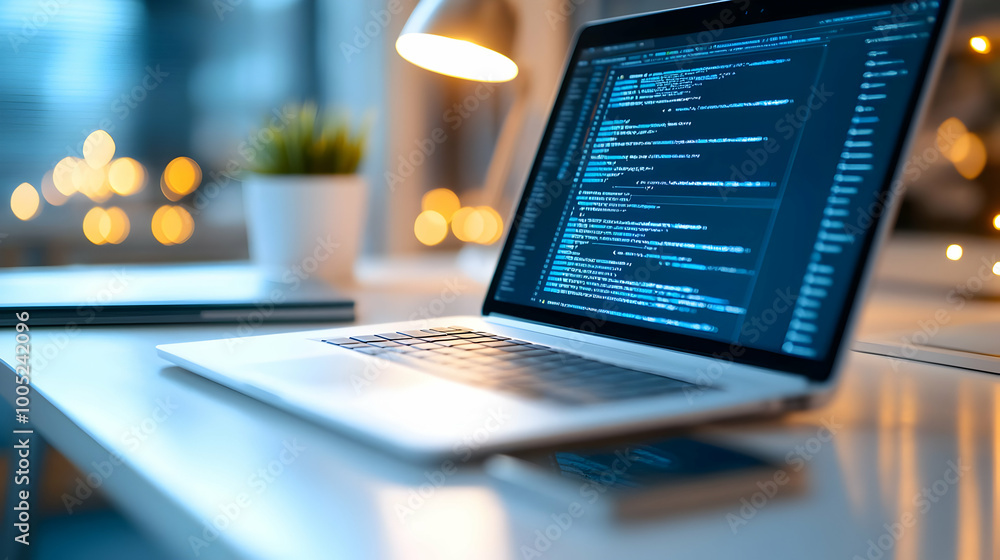 Poster laptop on a desk displaying code with a warm ambient light in the background.