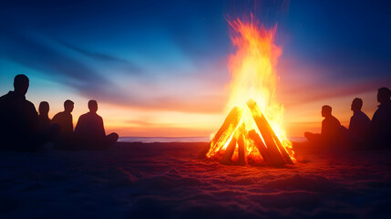Silhouetted people around a campfire at sunset, creating a warm and inviting atmosphere.