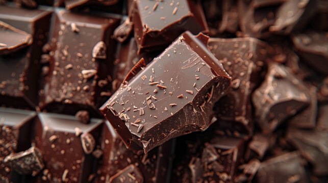 Close-up of broken dark chocolate pieces, with a rich, glossy texture.