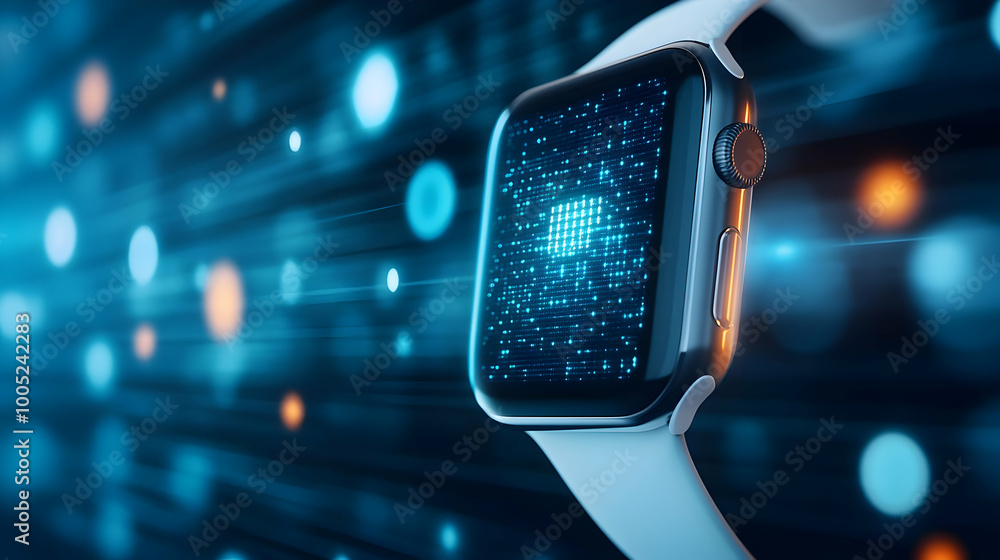 Poster smartwatch on a digital background displaying data and connectivity, modern technology concept.