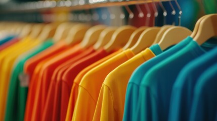 Fototapeta premium A vibrant array of conscious clothing hangs neatly, creating a stunning visual that inspires ecofriendly fashion choices.