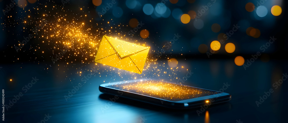 Poster mobile phone with glowing envelope, symbolizing digital communication and innovation against a bokeh