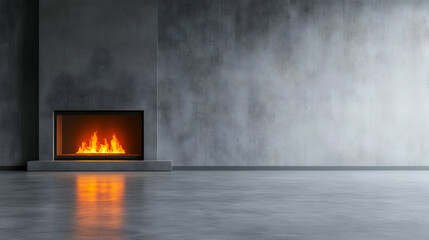 Fototapeta premium Modern interior with a minimalist fireplace, gray walls, and a sleek surface, ideal for contemporary design.