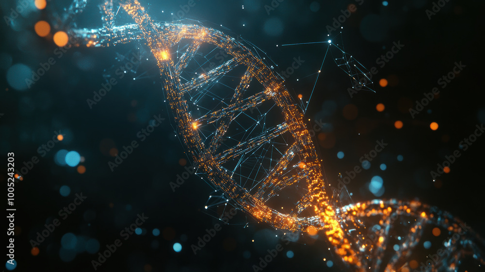 Poster stunning visualization of floating dna double helix, intricately intertwined with glowing particles 