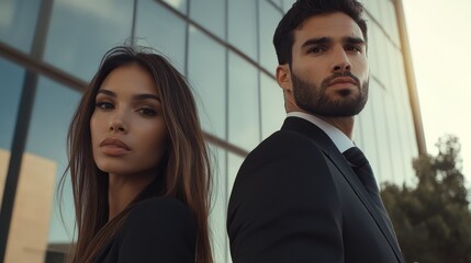 Confident business professionals standing outside a modern office building, looking determined and focused.