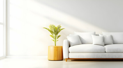 Modern living room with a cozy sofa and green plant, bright and airy interior design.