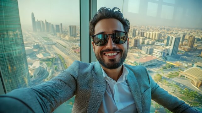Confident businessman in sunglasses taking a selfie with a modern cityscape in the background, viewed from a high-rise building.