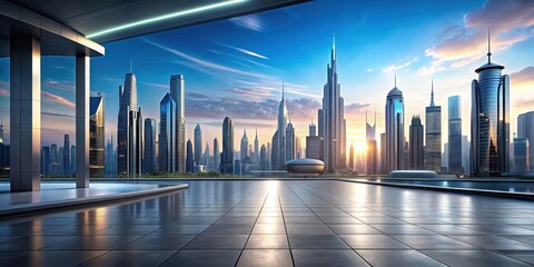 Obraz premium Futuristic cityscape with blank outdoor area on the left side, futuristic, city, urban, modern, architecture, sky