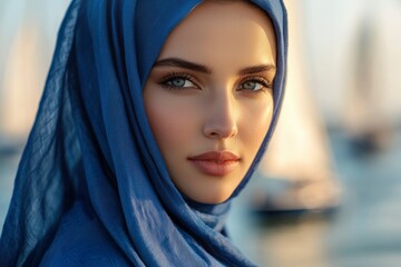 Naklejka premium Close-up Portrait of a Woman Wearing a Blue Headscarf