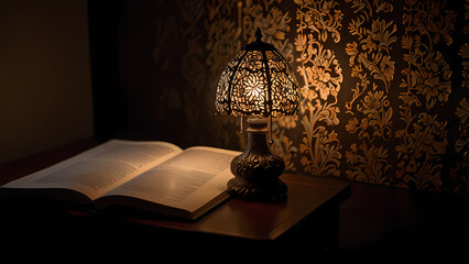 a scene featuring a glowing lamp in a dark, dimly lit room