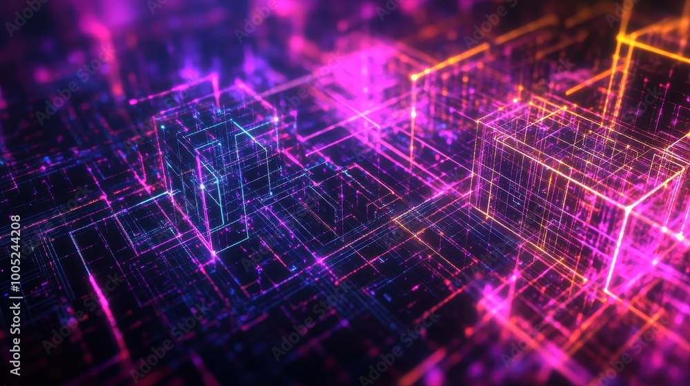 Poster abstract digital neon grid with glowing lines and cubes - cyberpunk background