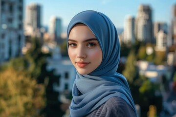 Portrait of a Young Woman Wearing a Blue Hijab in an Urban Setting