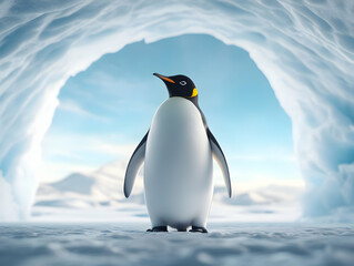 Obraz premium Penguin standing on ice, with a bright blue sky and snow background, embodying a serene winter landscape.
