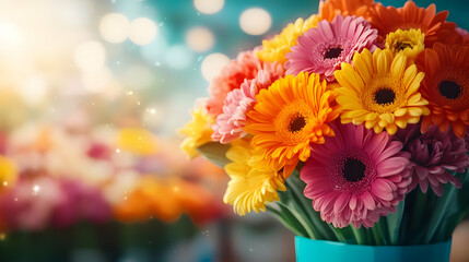 Vibrant bouquet of daisies in assorted colors, set against a blurred background with soft bokeh lights.