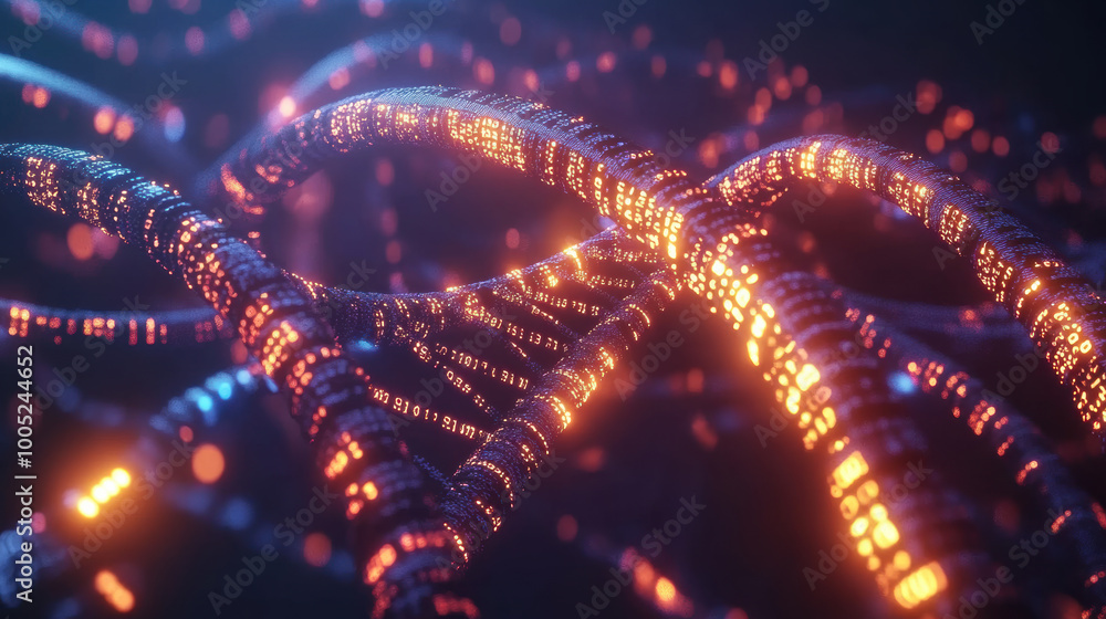 Poster mesmerizing 3d projection of intertwined dna strands illuminated with glowing lights, showcasing int