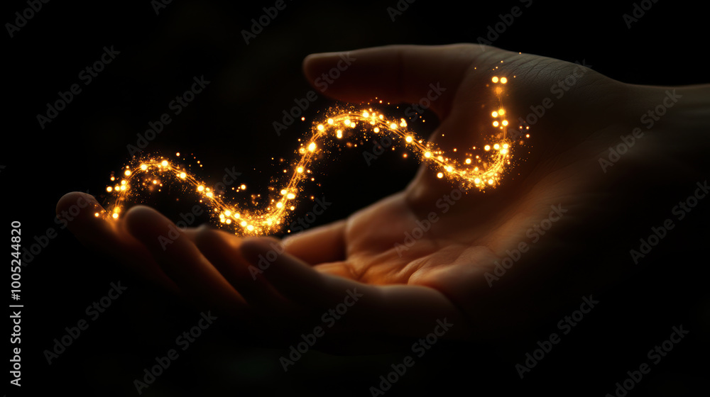 Poster glowing strand of light is held delicately in open hand, symbolizing magic and wonder. shimmering pa