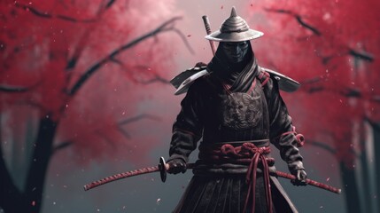 Samurai Warrior in a Red Forest