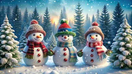 Obraz premium Whimsical winter scene featuring a trio of festive snowmen, adorned with scarves and hats, standing amidst snowflakes and evergreen trees in a serene frozen landscape.