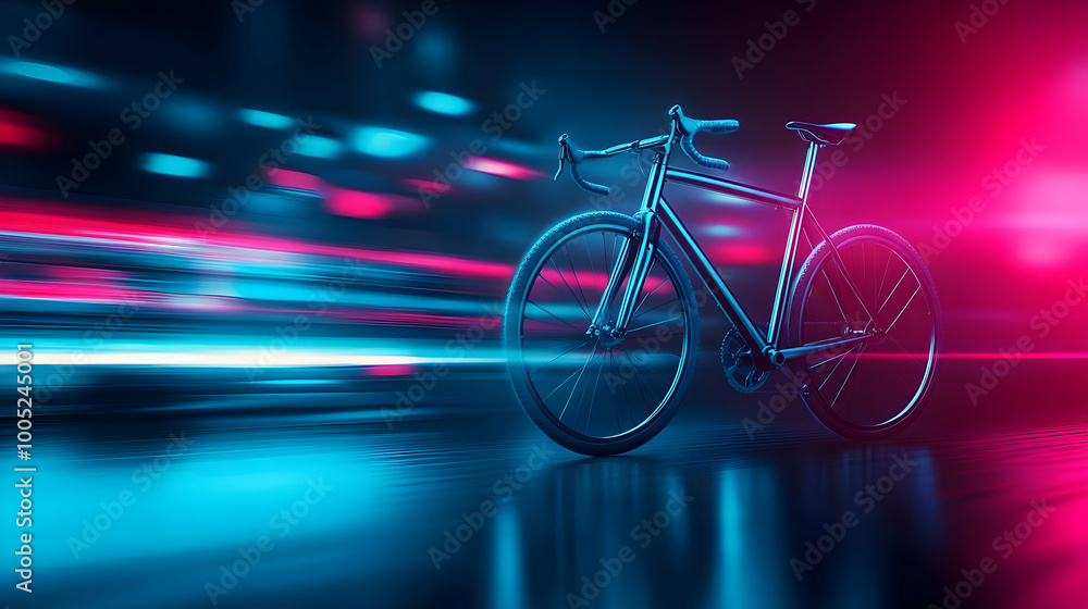 Poster sleek bicycle with vibrant neon lights creating a dynamic motion effect on a dark background.