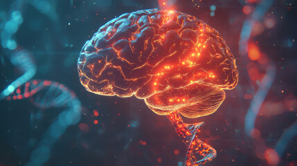 glowing brain with intricate neural connections is depicted, merging with vibrant double helix, symbolizing fusion of neuroscience and genetics. This captivating image evokes sense of wonder and