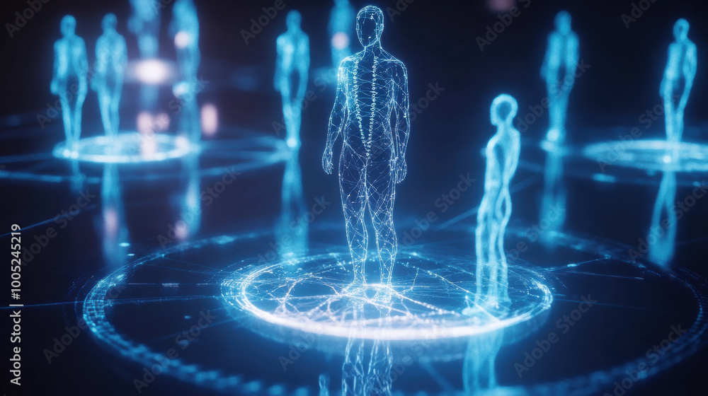 Poster glowing hologram displays human figures surrounded by intricate patterns, representing dna mapping a
