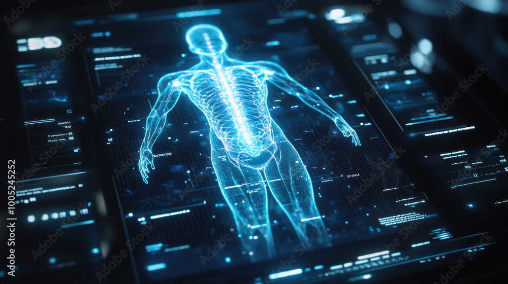 Poster glowing hologram displaying human body with detailed anatomical features, showcasing nervous system 