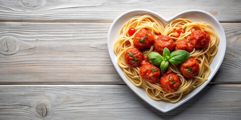 Plate of heart-shaped pasta with meatballs, tomato sauce, and basil leaves , pasta, meatballs, tomato sauce, basil, heart