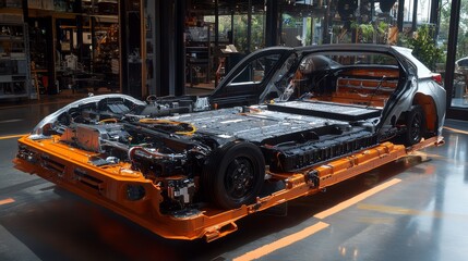 Obraz premium Detailed view of a modern electric car frame, showcasing battery placement and chassis. An industrial setting with advanced automotive technology.
