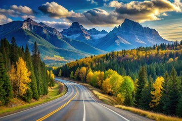 Fototapeta premium Winding asphalt highway stretches into the distance, flanked by rolling hills, dense forests, and majestic mountain peaks under a bright blue sky.