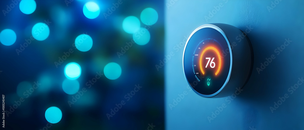 Poster smart thermostat display showing temperature and digital controls in a modern setting.