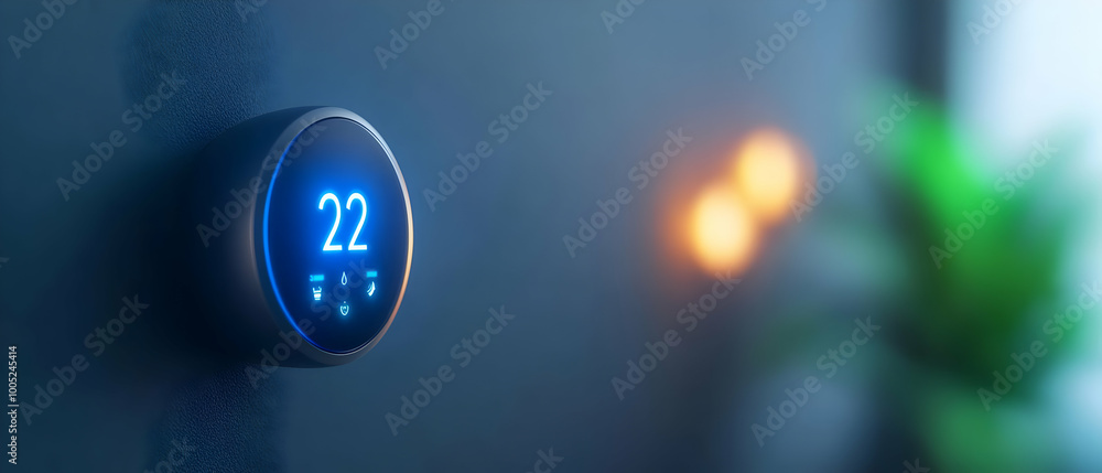 Poster smart thermostat with a digital display showing temperature setting on a modern wall.