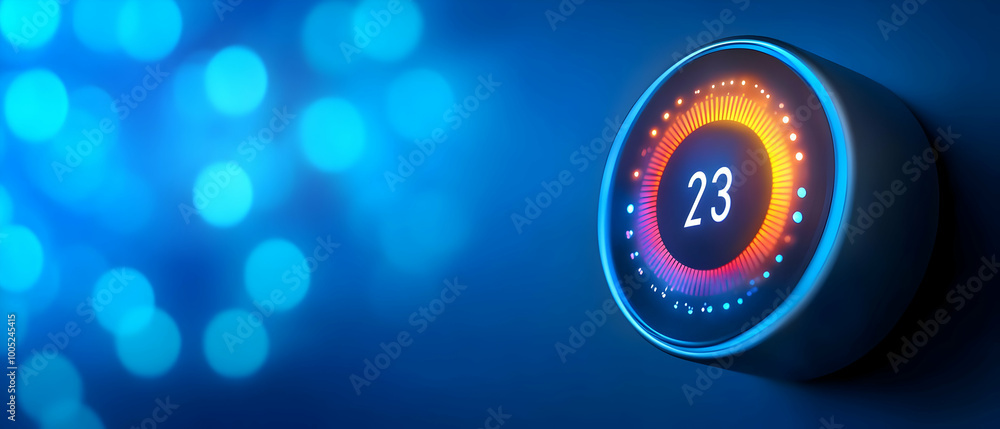 Poster smart thermostat display showing current temperature of 23 degrees on a blue background.
