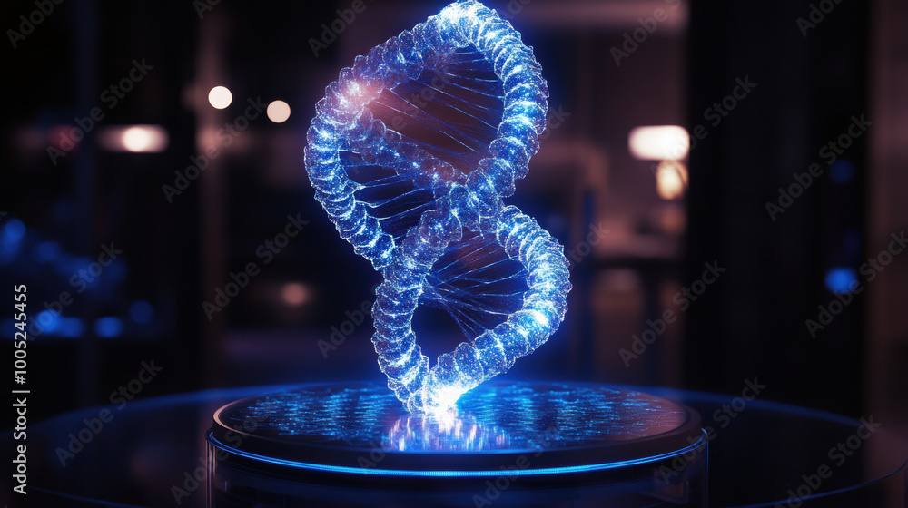 Poster glowing holographic model of entire genome showcases intricate details and vibrant colors, represent