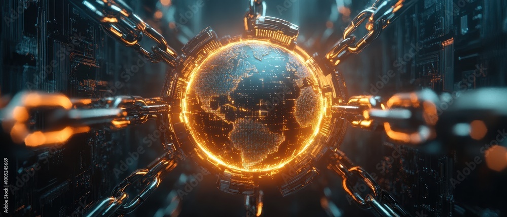 Aufkleber global network security - earth globe surrounded by chains in cyberspace
