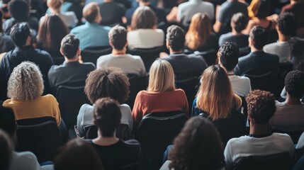 Diverse audience attentively listening during a large conference or seminar, capturing an engaging public speaking event atmosphere.