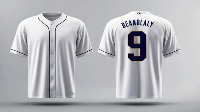 A white baseball jersey with navy blue trim and the number 9 on the back