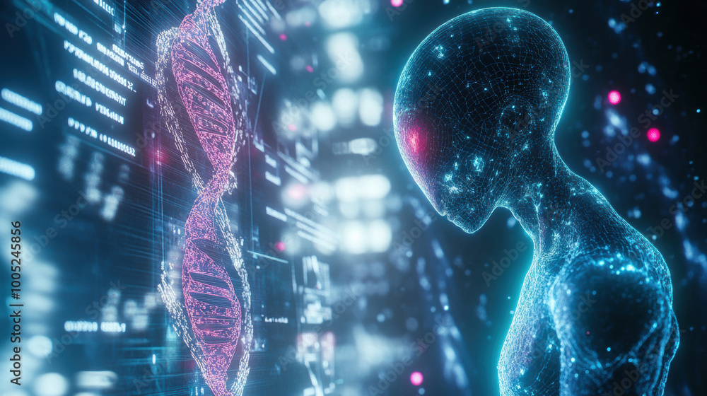 Poster glowing virtual interface displays comparison of dna structures alongside futuristic humanoid figure