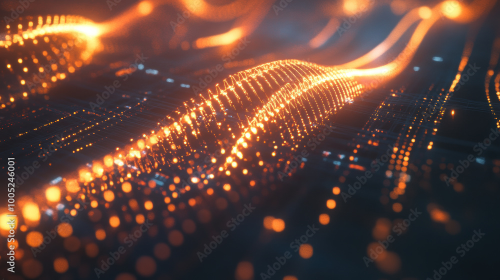 Poster mesmerizing digital landscape featuring glowing orange waves of light, creating dynamic and futurist