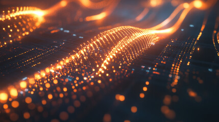 Fototapeta premium mesmerizing digital landscape featuring glowing orange waves of light, creating dynamic and futuristic atmosphere. intricate patterns evoke sense of movement and energy, perfect for technology themed