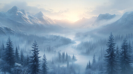 Obraz premium winter wonderland: misty mountain landscape with snowy peaks and river