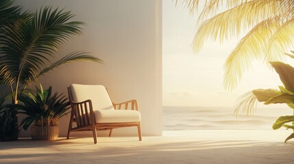 Fototapeta premium Mock up frame of a comfortable beachfront corner with a simple beige chair, sandy floor, and soft golden light filtering through palm trees