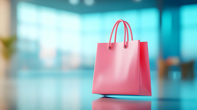 Stylish pink shopping bag on a reflective surface with a bright, modern background.