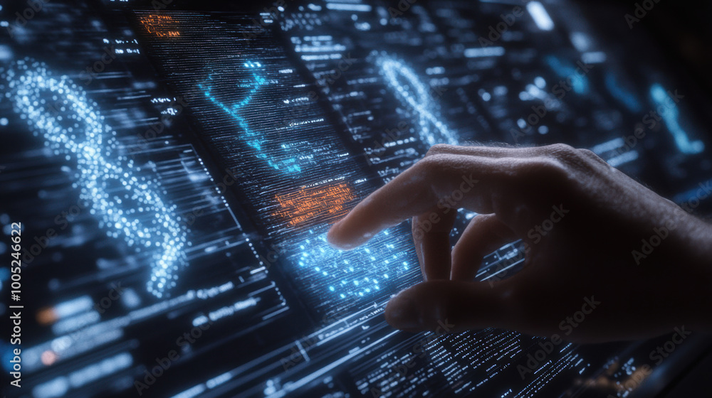 Poster hand controlling holographic interface displaying digital timeline, showcasing advanced technology a