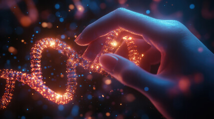 hand interacting with glowing holographic DNA molecule, showcasing beauty of science and technology. vibrant colors and intricate details create captivating visual experience