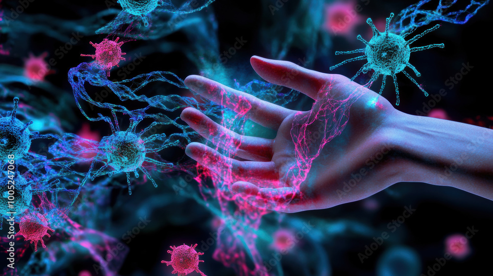 Poster hand manipulating virtual representation of viruses, showcasing blend of technology and biology. vib