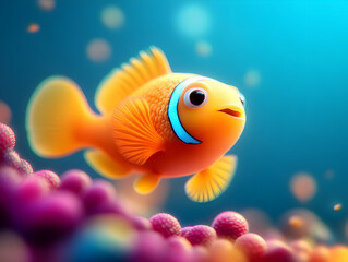 Vibrant animated fish swimming among colorful corals in a bright underwater scene.