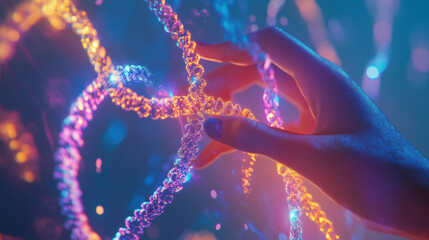 hand manipulating vibrant virtual representation of interconnected strands, showcasing blend of colors and light. This image evokes sense of creativity and innovation